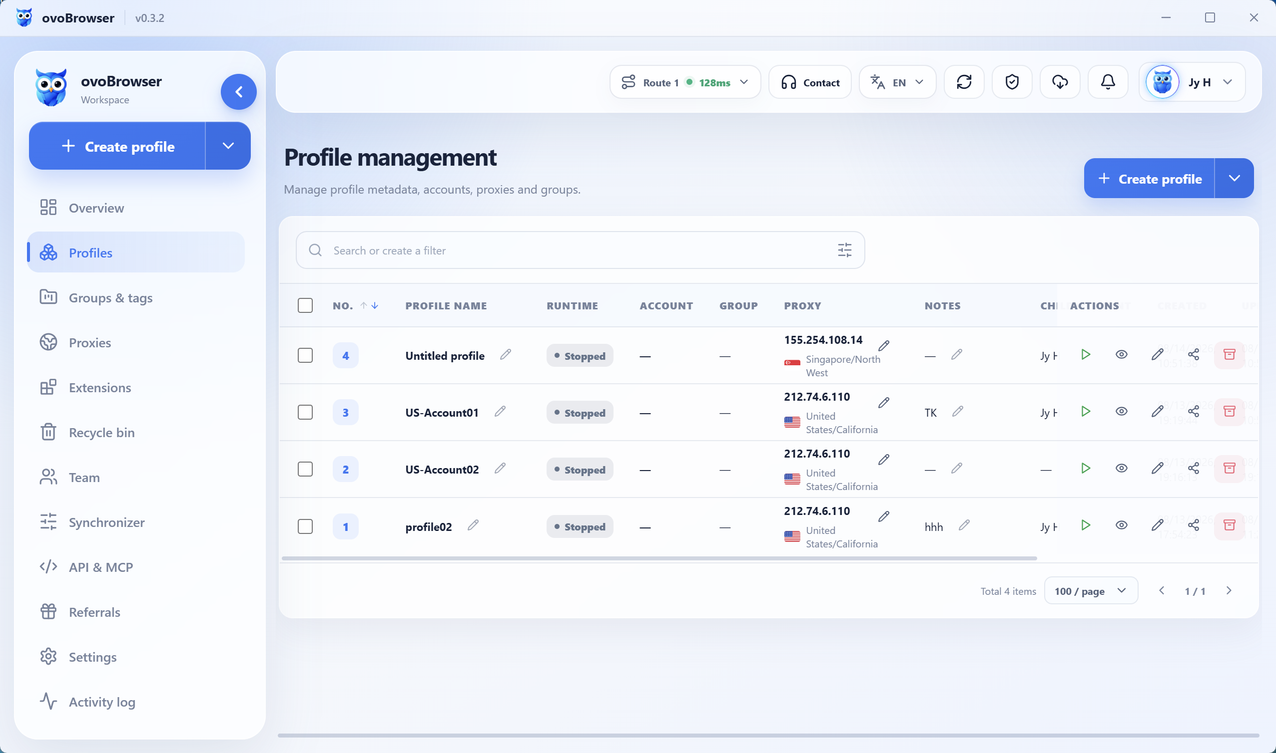 Ovobrowser profile management product interface